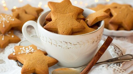 Canvas Print - an elegant white mug with star-shaped gingerbread cookies 