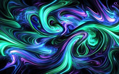 Wall Mural - Abstract swirling colors of green and purple creating a vibrant pattern against a dark background