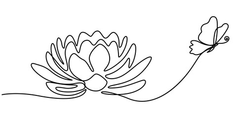 Wall Mural - Flower lotus with butterfly in one continuous line drawing. Logo yoga studio and wellness spa salon concept in simple linear style. Water lily in editable stroke. Lotus flower and butterfly isolated