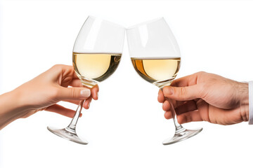 A celebration of friendship as two hands toast with elegant glasses of white wine in a bright, joyful setting