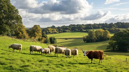 Poster - Pasture with Sheep and a Cow on a Rolling Green Hill