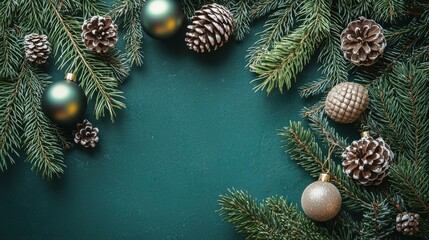 Green ornaments, pinecones, and foliage are arranged on a dark green background for a festive holiday decoration