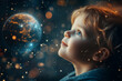 © Dzmitry - A curious little boy gazes up at a glowing Earth, surrounded by a starry cosmic backdrop