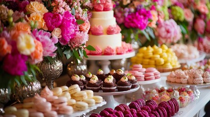 A beautiful dessert table with colorful pastries, elegant floral arrangements, and fresh fruit