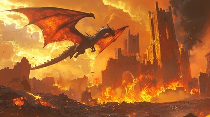 As the sun sets, a fiery dragon roars over a medieval castle surrounded by flames and smoke