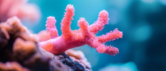  A tight shot of a coral with small corals adjacent to its side, surrounded by blue water in the background