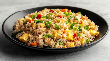 Wall Mural - Fried rice with scrambled eggs and vegetables, isolated on a modern black plate with a light gray background