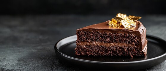 Wall Mural -  A chocolate cake with chocolate frosting and golden leaf decorations atop a black plate against a dark background