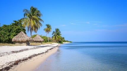 An idyllic tropical beachfront with palm trees and thatched huts, lit by bright sunlight