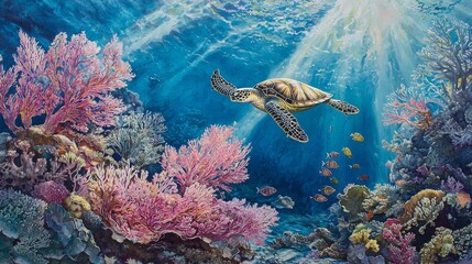 Under crystal clear water, a coral reef with a swimming sea turtle and school of fish is surrounded by a tropical ocean setting