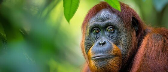 Wall Mural -  A tight shot of a monkey's expressive face, with a verdant leaf positioned near in the frame, and a softly focused background