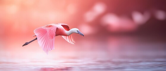 Wall Mural -  A pink bird fliesover a body of water, wings spread wide, head poked above surface