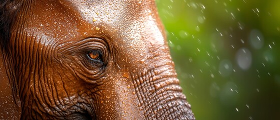 Wall Mural -  A tight shot of an elephant's wrinkled face dotted with water droplets, surrounded by trees in the backdrop