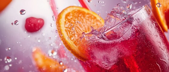 Poster -  A tight shot of a drink within a glass, garnished with orange slices and cherries at the edge