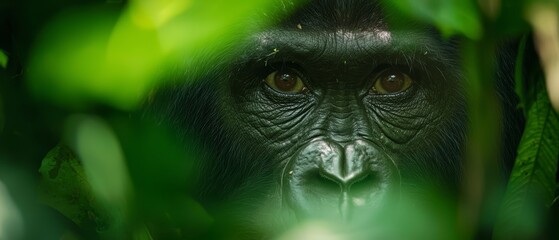 Sticker -  A tight shot of a monkey's face peeking through verdant tree leaves in the rainforest