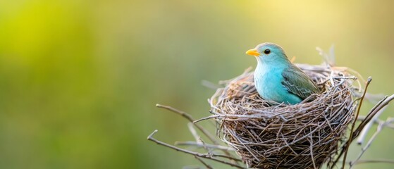 Wall Mural -  A blue bird atop a grass-covered tree branch nest; blue bird sits in dried grass-filled nest