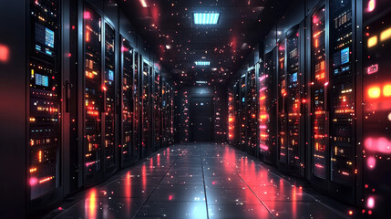 Wall Mural - A futuristic server room with glowing lights.