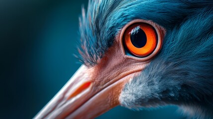 Wall Mural -  A tight shot of a blue bird's face reveals an intense orange eye at its core