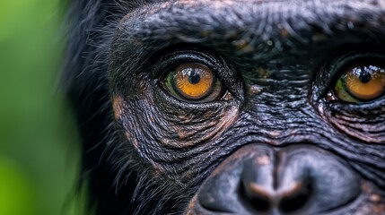 Canvas Print -  A tight shot of a monkey's expressive face, framed against a backdrop of lush green foliage from a nearby leaf The background softly blurs, allowing the