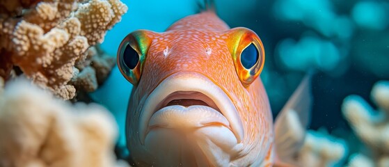 Wall Mural -  A tight shot of a fish with an expression of surprise, nearby is a coral backdrop