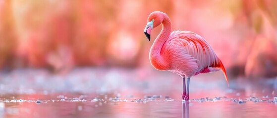  A pink flamingo wades in the water, bending its head and submerging its legs