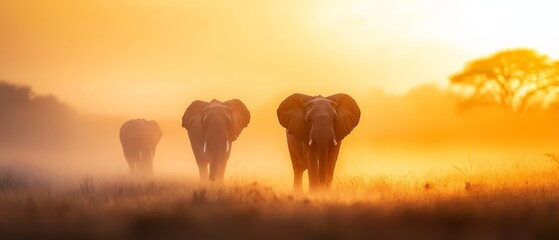 Wall Mural -  A group of elephants stands in a field as the sun sets, fog drapes the foreground