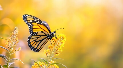 Sticker -  A tight shot of a butterfly perched on a yellow-flowered plant against a softly blurred backdrop