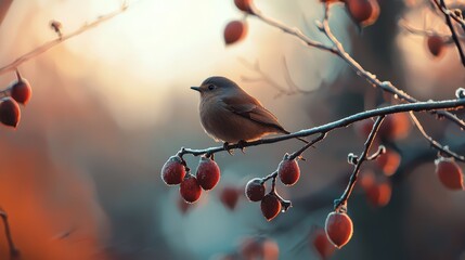 Wall Mural -  A small bird perches on a tree branch, adorned with berries Background softly blurred