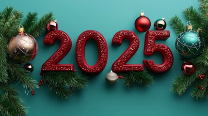 Decorated for New Year celebration in colorful 2025 with ornaments and greenery