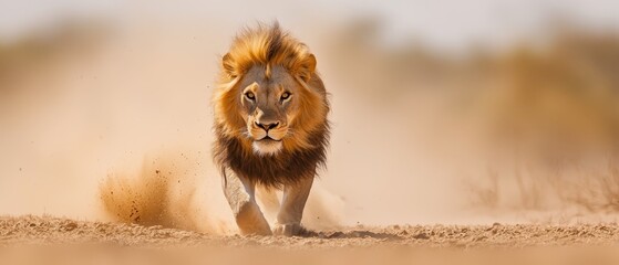 Wall Mural -  A tight shot of a charging lion on a dirt field, kicks up dust, trees loom in the backdrop