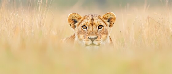 Wall Mural -  A tight shot of a lion gazing into the camera within a sea of towering grasses