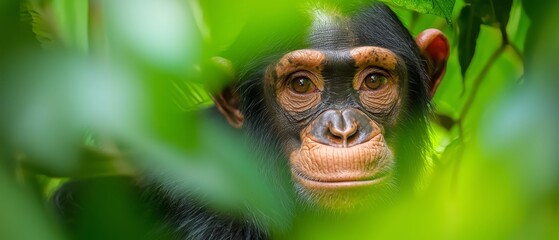 Wall Mural -  A monkey's face, tightly framed by green, leafy branches, emerges in sharp focus against a softly blurred background