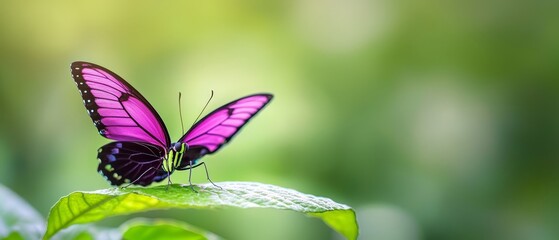 Sticker -  A purple butterfly atop a green leaf, upon a lush plant; background softly blurred