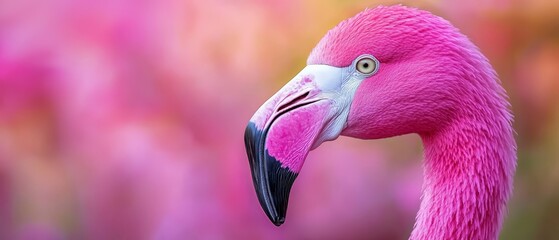 Wall Mural -  A tight shot of a pink flamingo's head and neck against a softly blurred backdrop of pink blooms