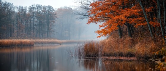 Wall Mural -  A body of water enclosed by tall grass and trees with orange-leafed trees, features reeds in the foreground