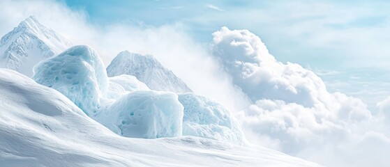 Wall Mural -  A mountain cloaked in snow with blue sky and white foreground clouds, background boasts similar blue sky and clouds