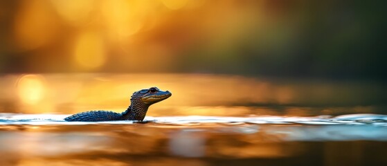 Wall Mural -  A tight shot of a body of water featuring a small animal swimming centrally, backdrop softly blurred