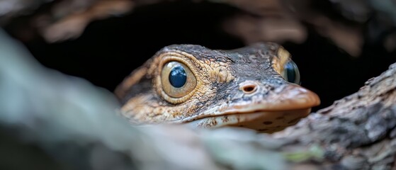  A tight shot of a lizard's face, emerging from tree branch concealment, displaying wide-open eyes