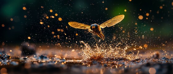 Poster -  A close-up of a flying insect mid-flight, its wings spread wide, while partially submerged in water