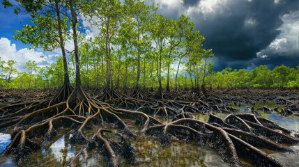 Poster - Mangrove Forest with Intricate Roots and Dramatic Sky