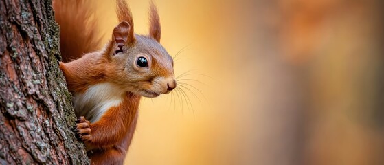 Wall Mural -  A tight shot of a squirrel next to a tree, its head leaning against the bark