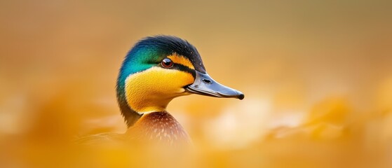 Wall Mural -  A tight shot of a duck's head against a backdrop of yellow and brown flower blooms in the foreground