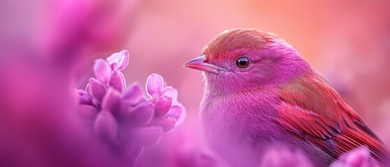 Canvas Print -  A pink bird, in tight focus, perches on a purple flower against a softly blurred backdrop of pink tulips