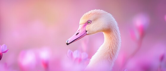 Wall Mural -  A white swan with a pink beak stands amidst a field of pink tulips, beneath a rosy-hued sky