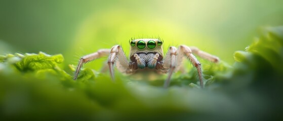 Sticker -  A tight shot of a spider featuring emerald eyes against its face, accompanied by green leaves in the foreground