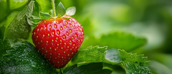 Wall Mural -  A tight shot of a ripe strawberry atop its verdant plant, adorned with emerald leaves and speckled by water droplets at its peak