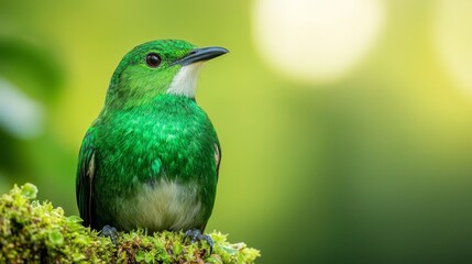 Canvas Print -  A small green bird perches on a moss-covered branch against a softly blurred green backdrop