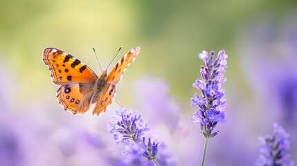 Sticker -  A tight shot of a butterfly perched on a purple-flowered plant, with a softly blurred background