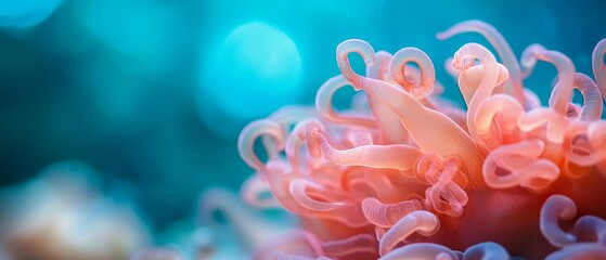 Wall Mural -  A tight shot of a pink bloom against a backdrop of softly blurred lights, with a blue halo of out-of-focus light behind