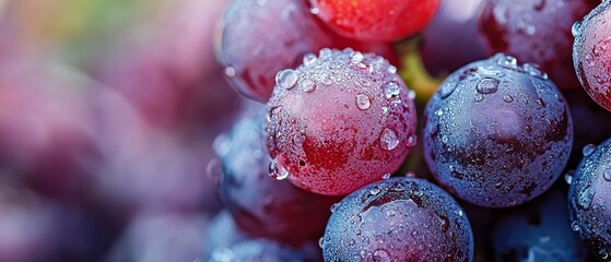 Wall Mural -  A tight shot of juicy grapes with water droplets on their leaves and fruit in the front